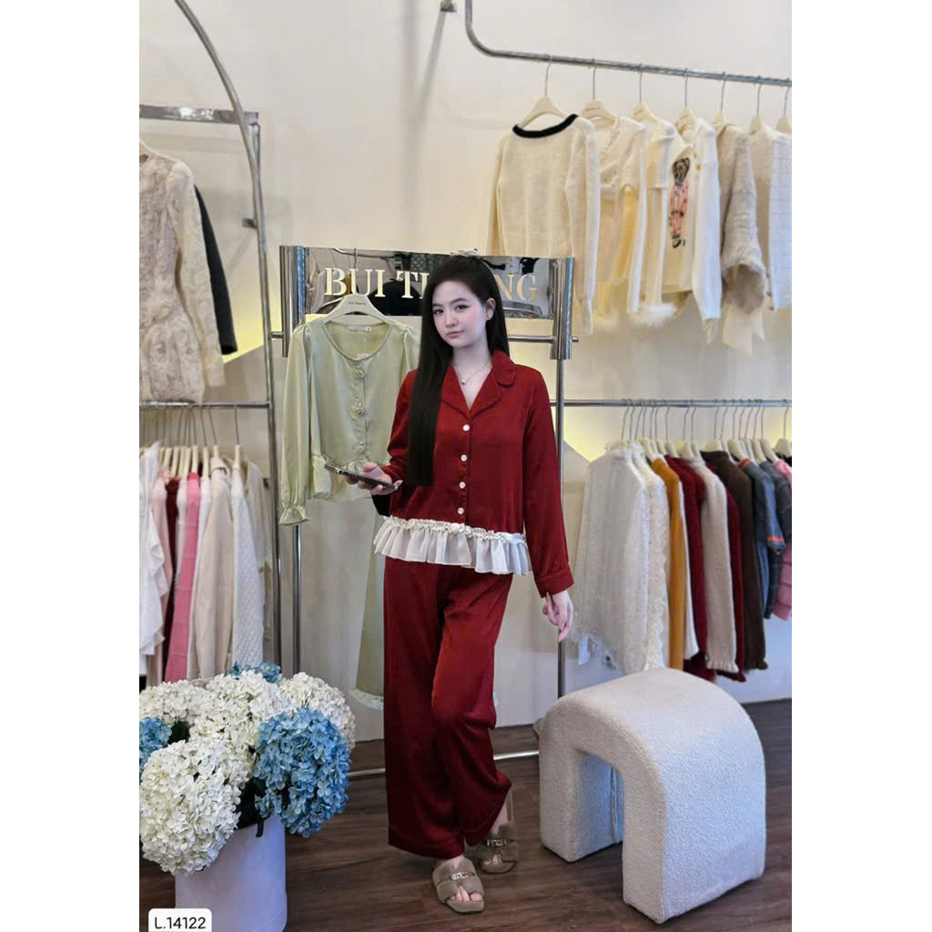 Bộ ngủ lụa phối ren đỏ đô nữ hàng shop B1