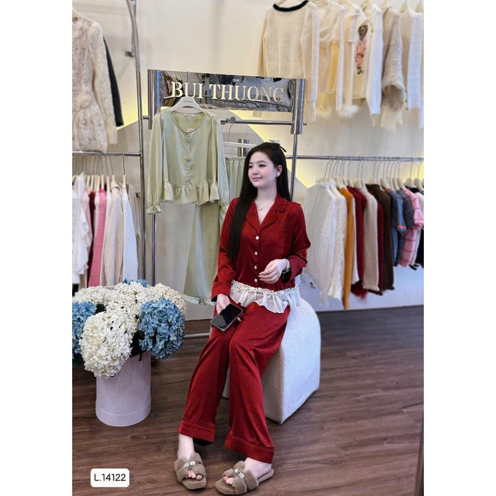 Bộ ngủ lụa phối ren đỏ đô nữ hàng shop B1