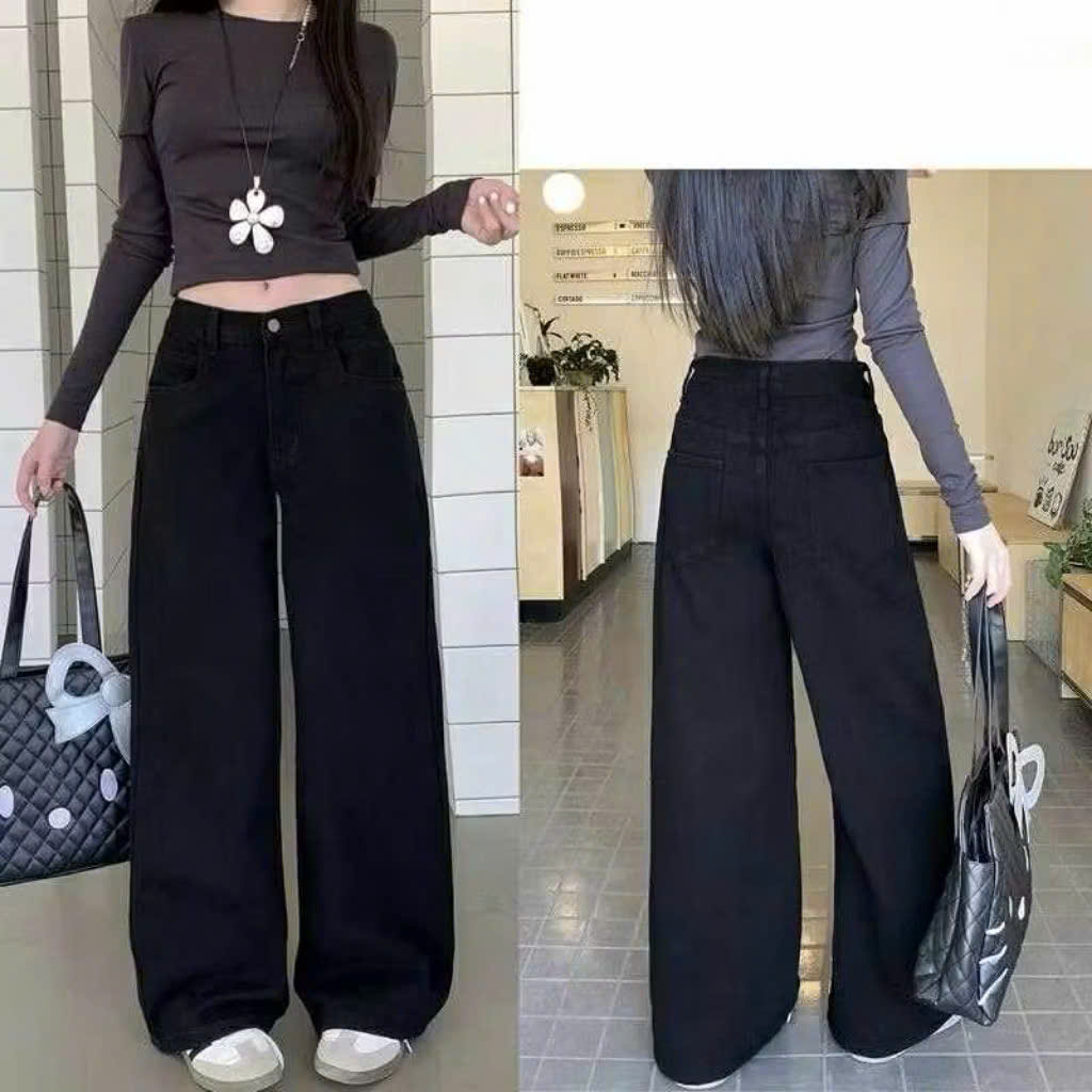 Xả M 47-55kg : Quần Jean đen suông mác da (ko thắt lưng) QJ7 #109k