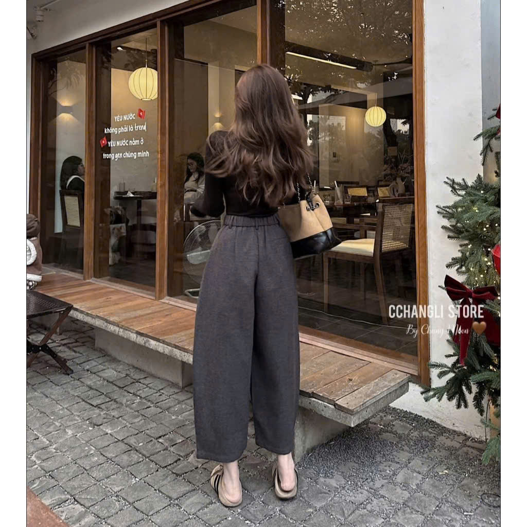 Quần dạ ép nữ dáng thụng lưng cao, cạp liền khóa trước chun sau QJ41