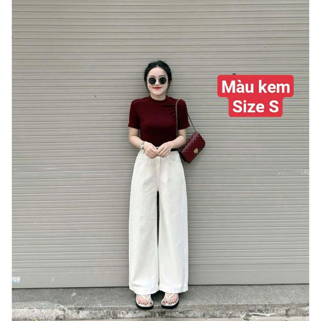 Quần jean Xuông màu kem dáng nấm 92cm nữ QJ55