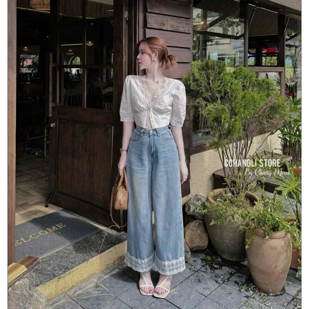Quần jean gấu viền ren suông nữ L 54-62kg