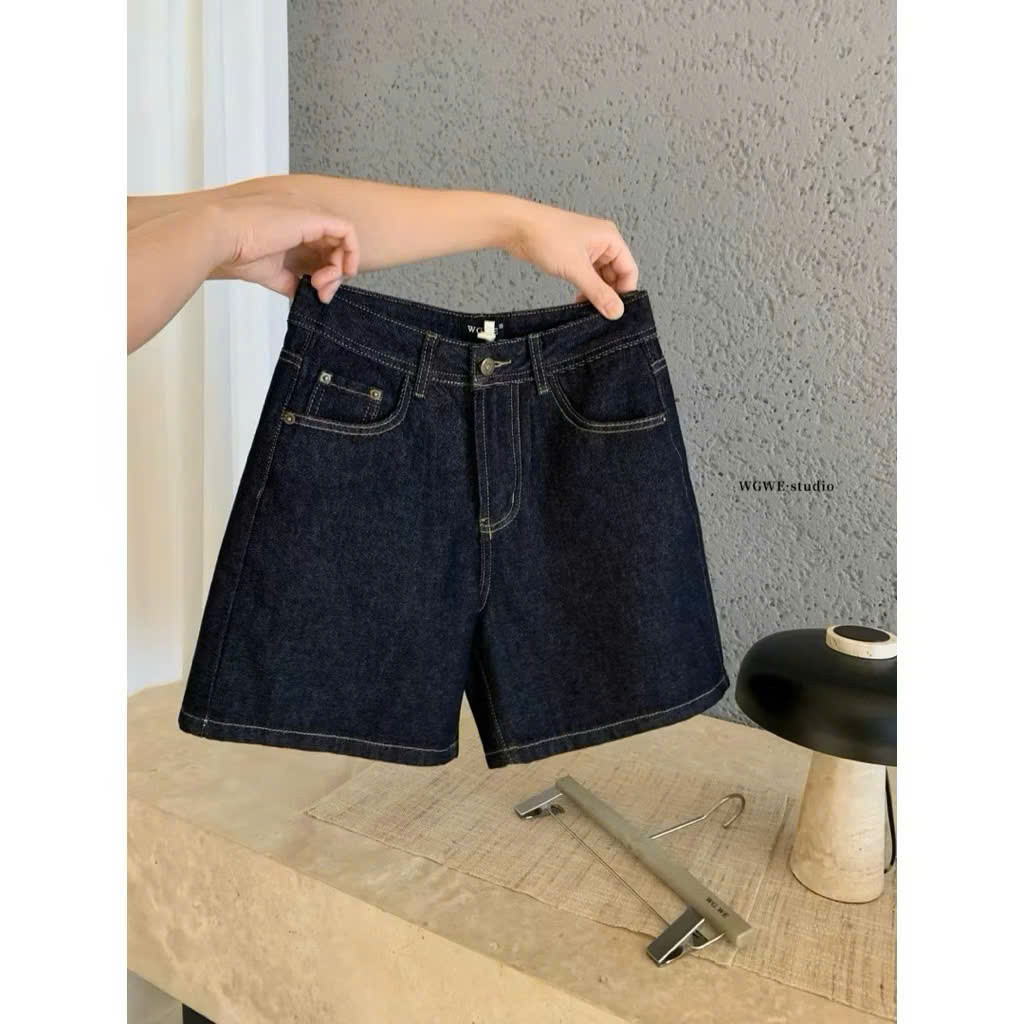 Quần jean ngố xanh than cạp cao phối mác da thêu túi sau NỮ QJ67
