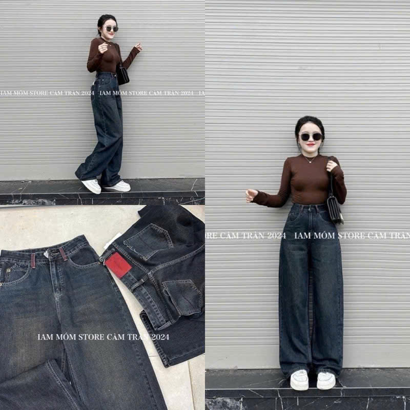 Quần jean nữ dáng dài suông gắn mác đỏ túi sau QJ53