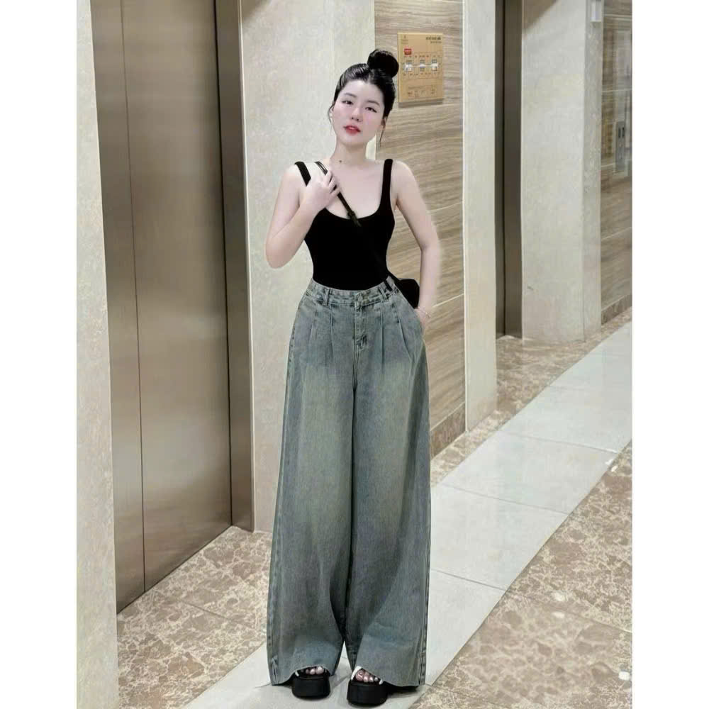 Xả M 47-55kg: Quần jean nữ suống to may chiết ly QJ28