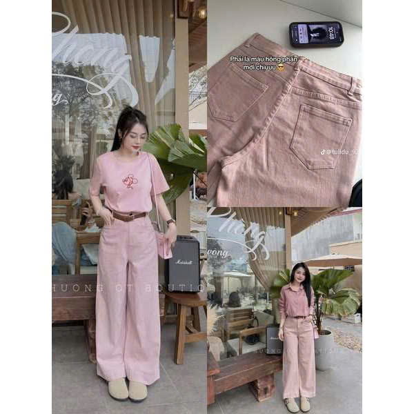 Xả M-55kg: Quần jean suông hồng dày đẹp hàng shop QJ32