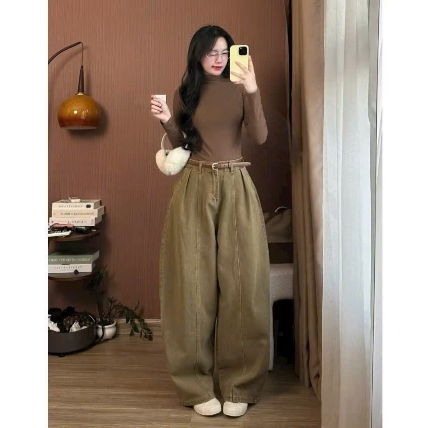 Quần jean suông nâu túi hộp nữ QJ44