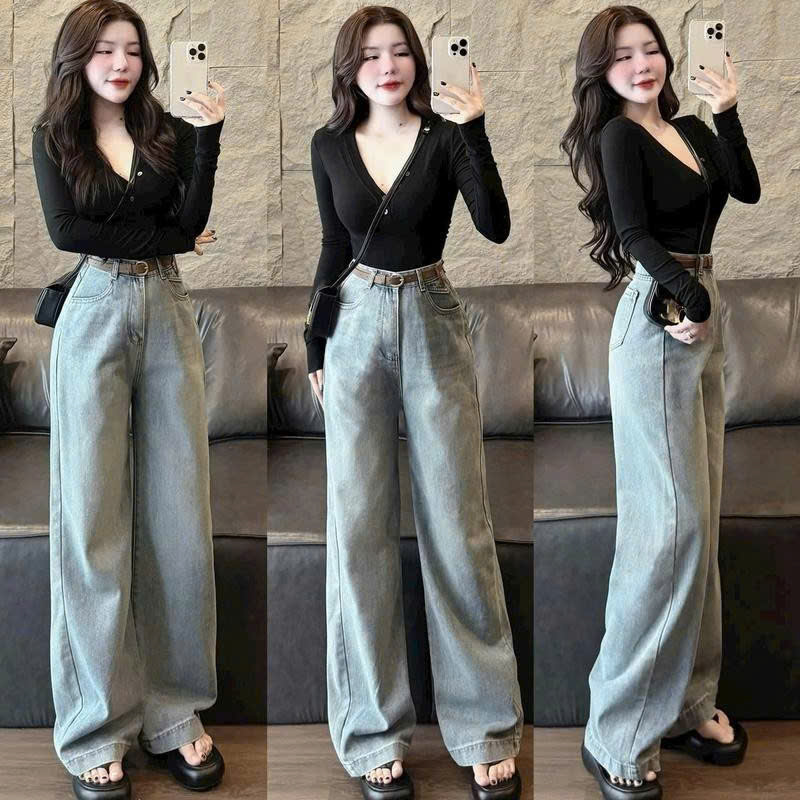Quần jean suông nữ xanh cạp cao QJ43