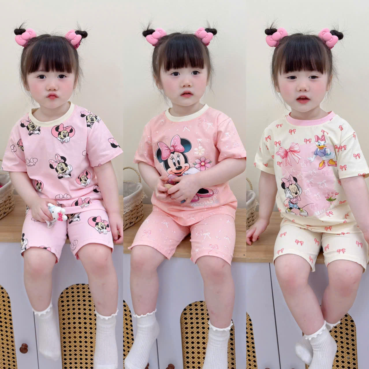 ASK Set 3 bộ cotton MINNIE hồng cam mùa hè bé gái