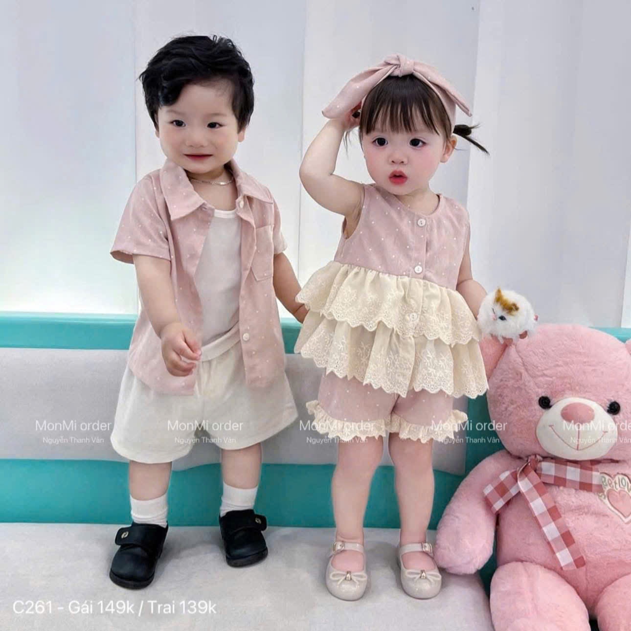 Xả VNXK S120 16-18kg : Váy chấm bi phối ren hồng mùa hè bé gái HG4