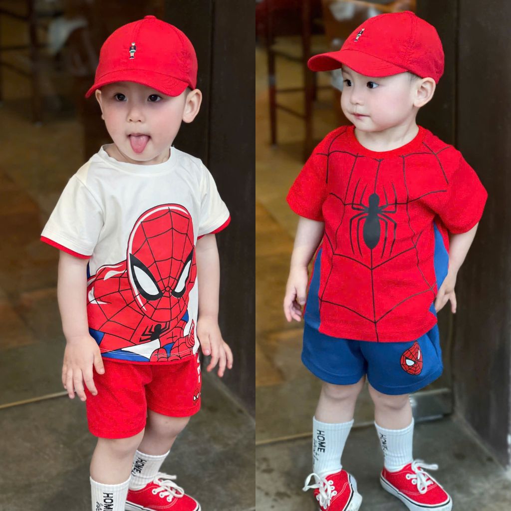 ASK Sét 2 bộ cotton Siêu nhân Spiderman tone xanh,đỏ bé trai VNXK