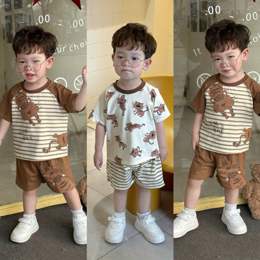 Ask Sét 2 bộ cotton kẻ in hình bé trai nâu kem VNXK