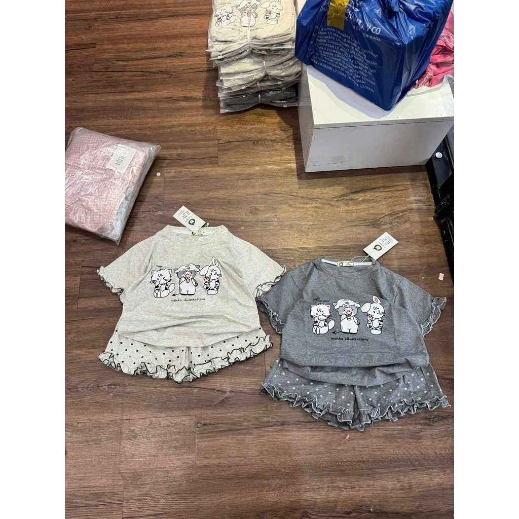 Sét 2 bộ cotton xám ghi may bèo bé gái Ask HG5