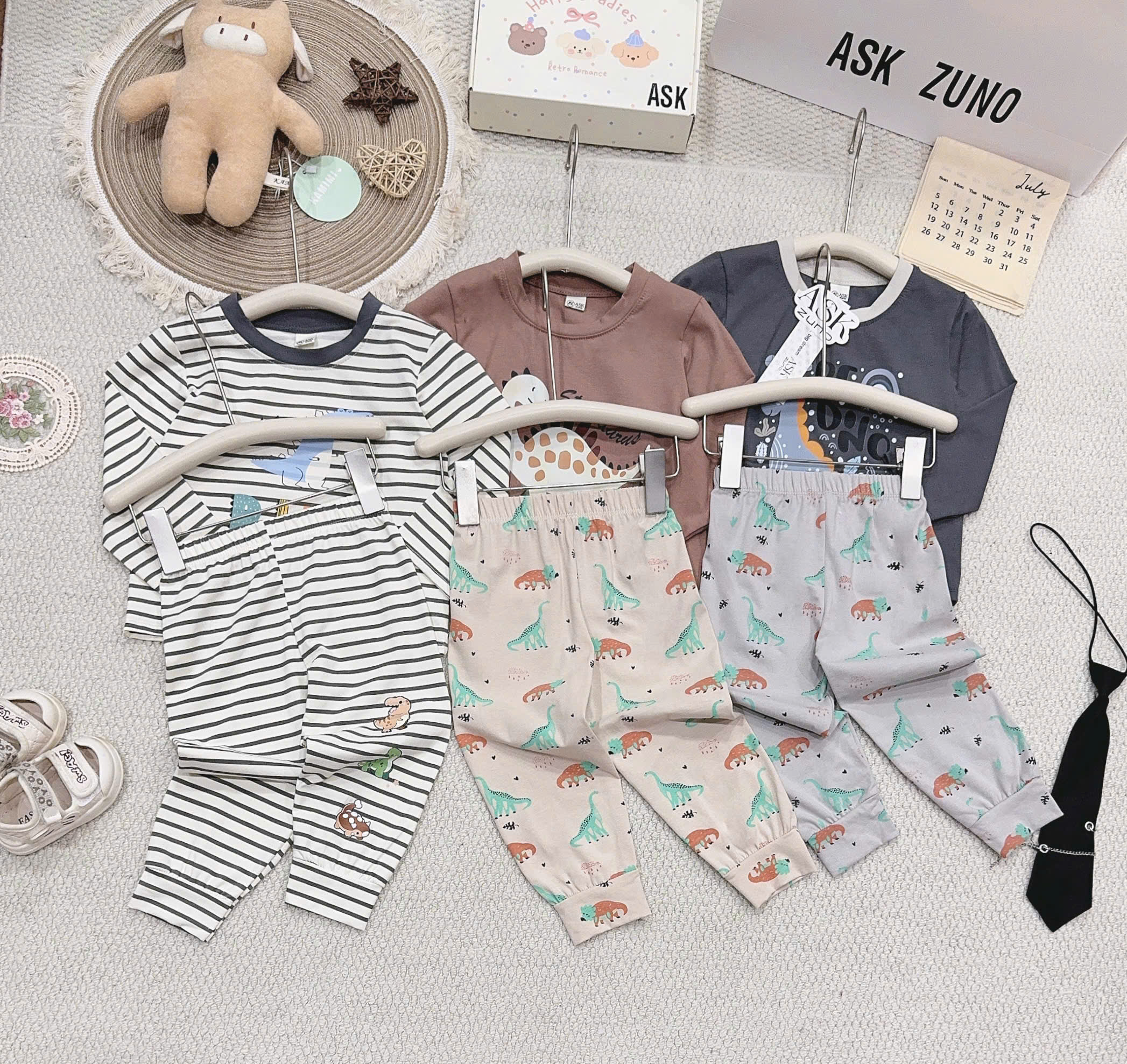 Sét 3 bộ cotton dài tay Dino bé trai