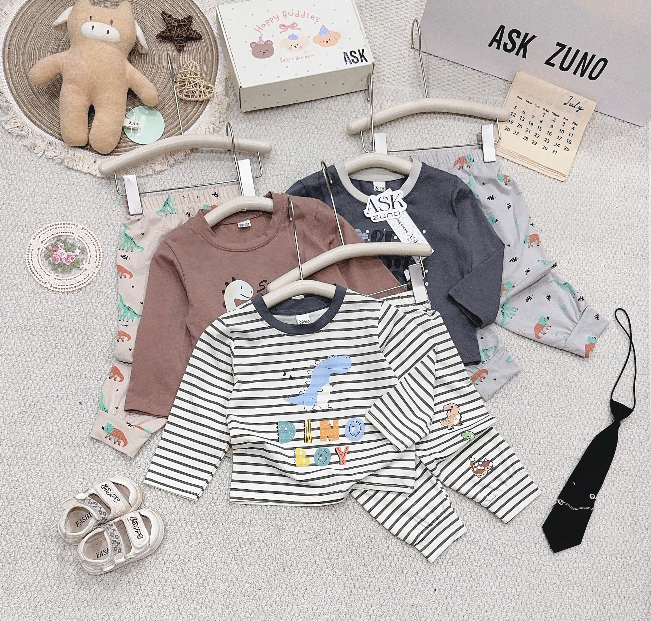 Sét 3 bộ cotton dài tay Dino bé trai