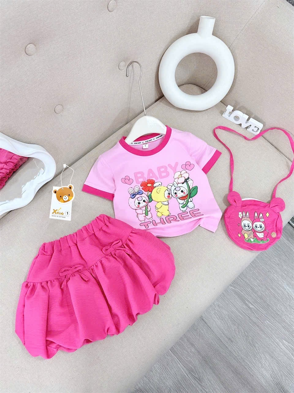 Xả S4 15-16kg: Sét áo cotton chân váy bí kèm túi bé gái HG4