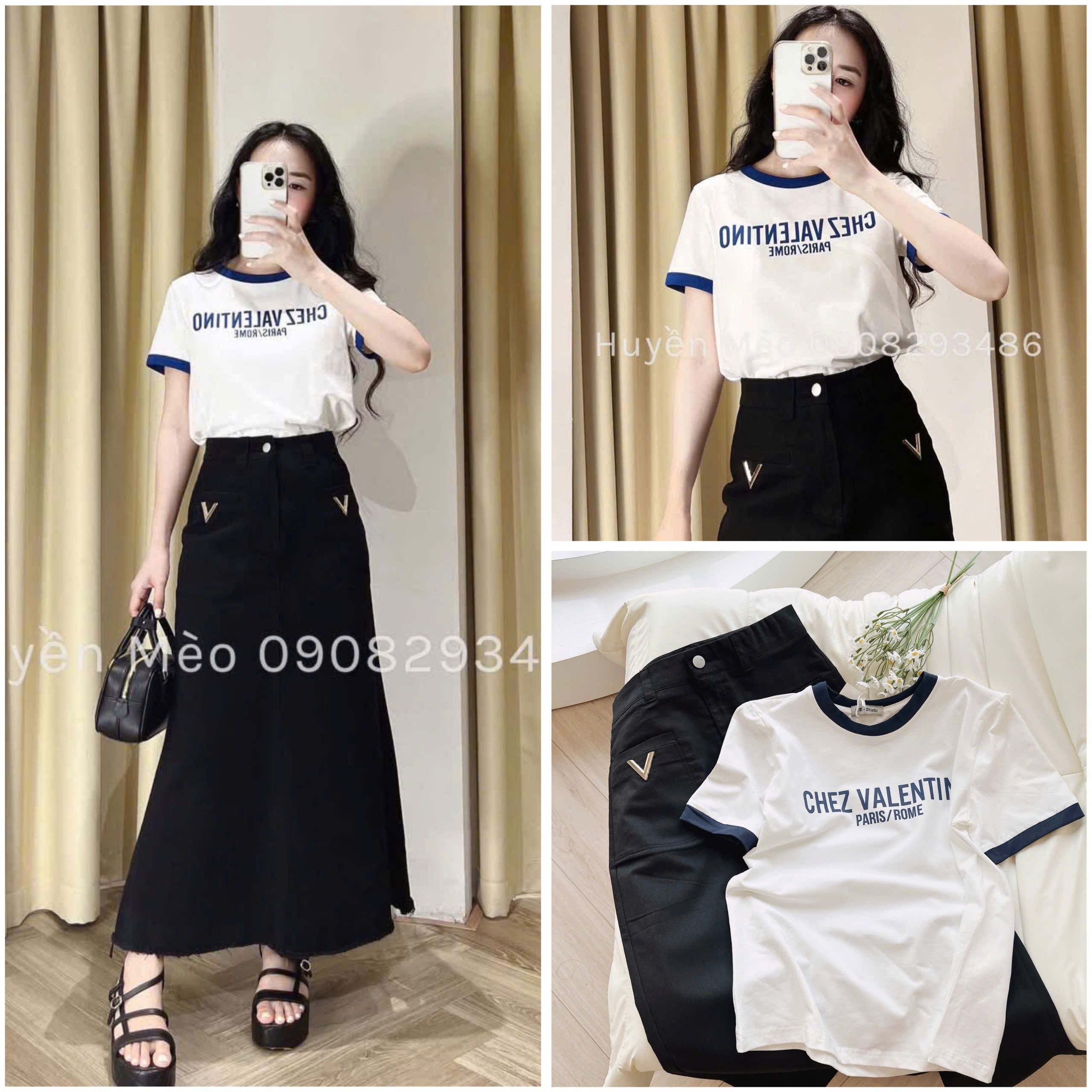 Sét áo cotton CHEZ chân váy kaki nữ S 40-47kg BN1