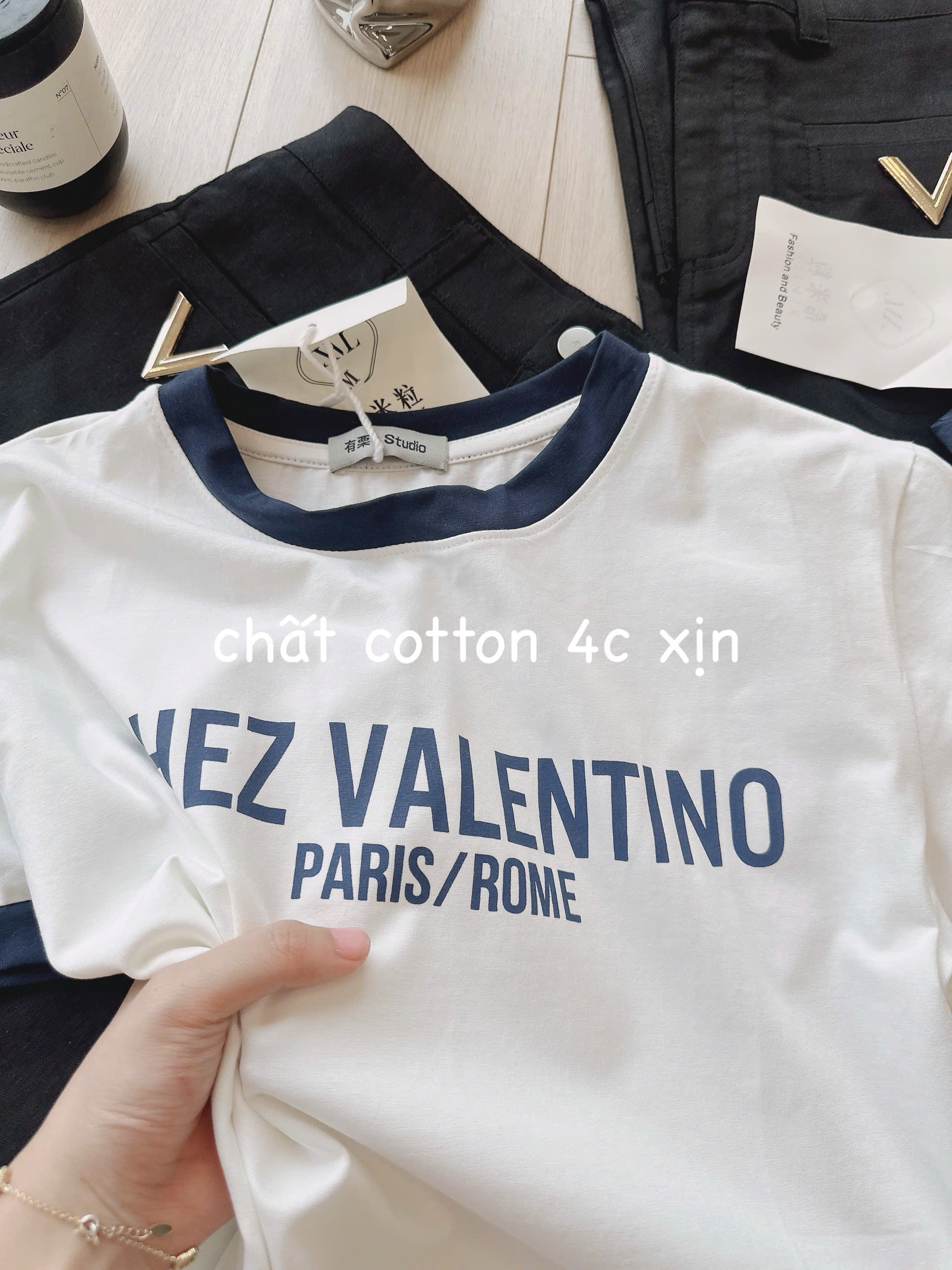 Sét áo cotton CHEZ chân váy kaki nữ S 40-47kg BN1