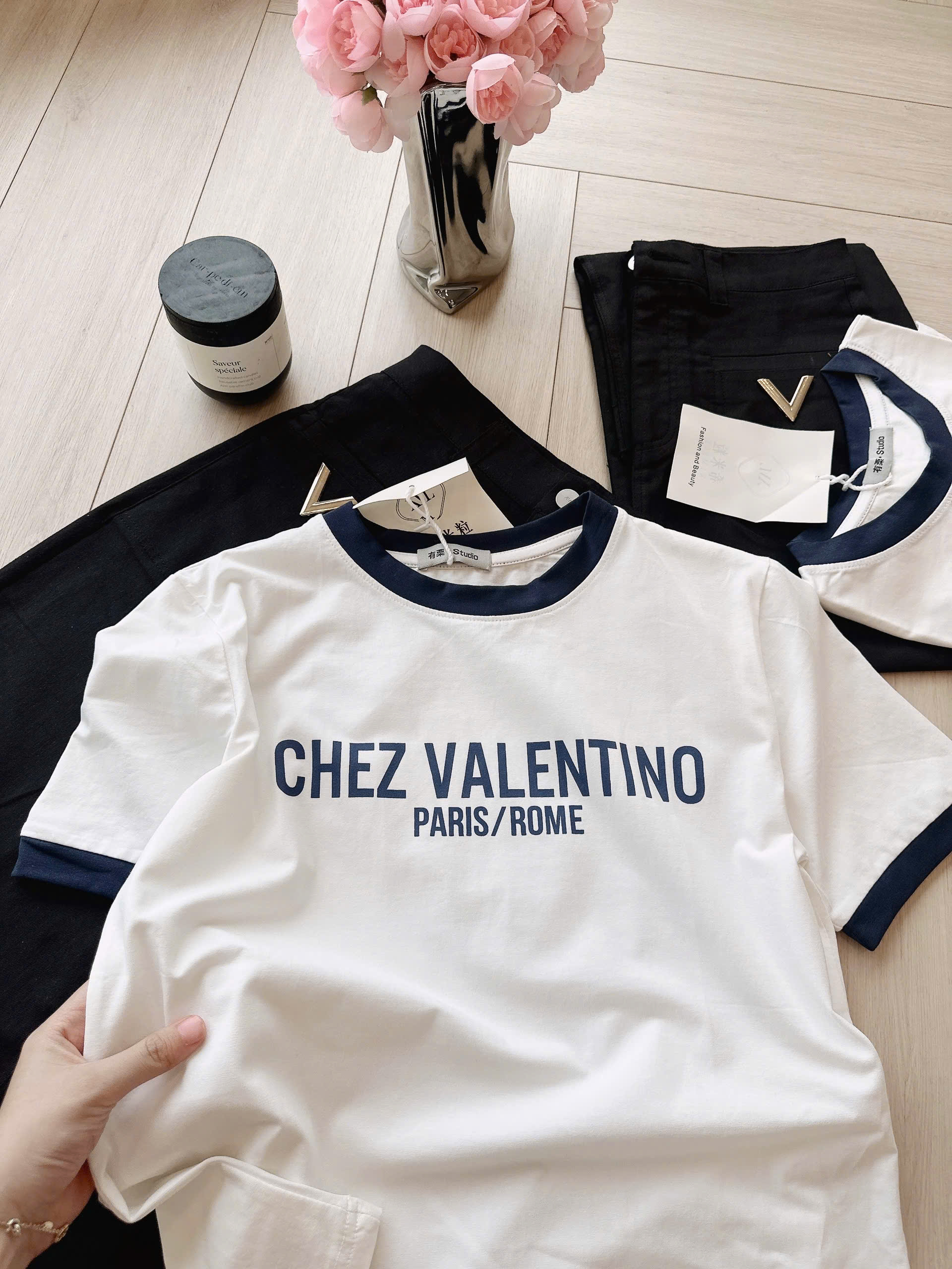 Sét áo cotton CHEZ chân váy kaki nữ S 40-47kg BN1