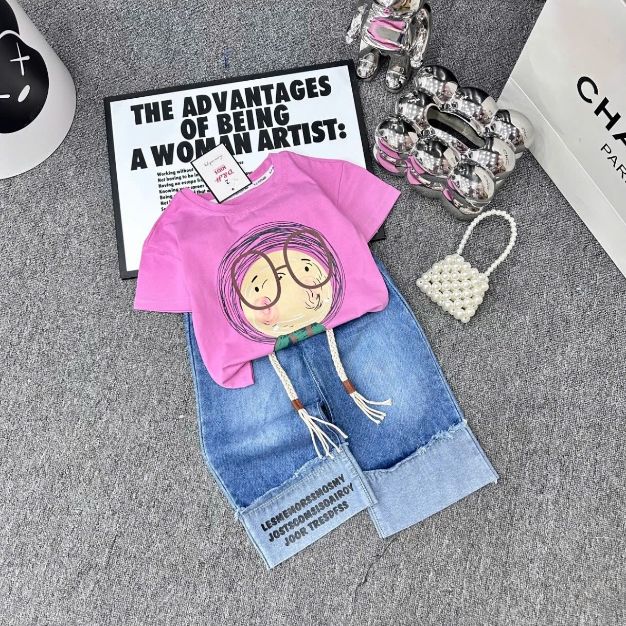 Sét áo cotton hồng in mặt cười quần jean hè bé gái HG1
