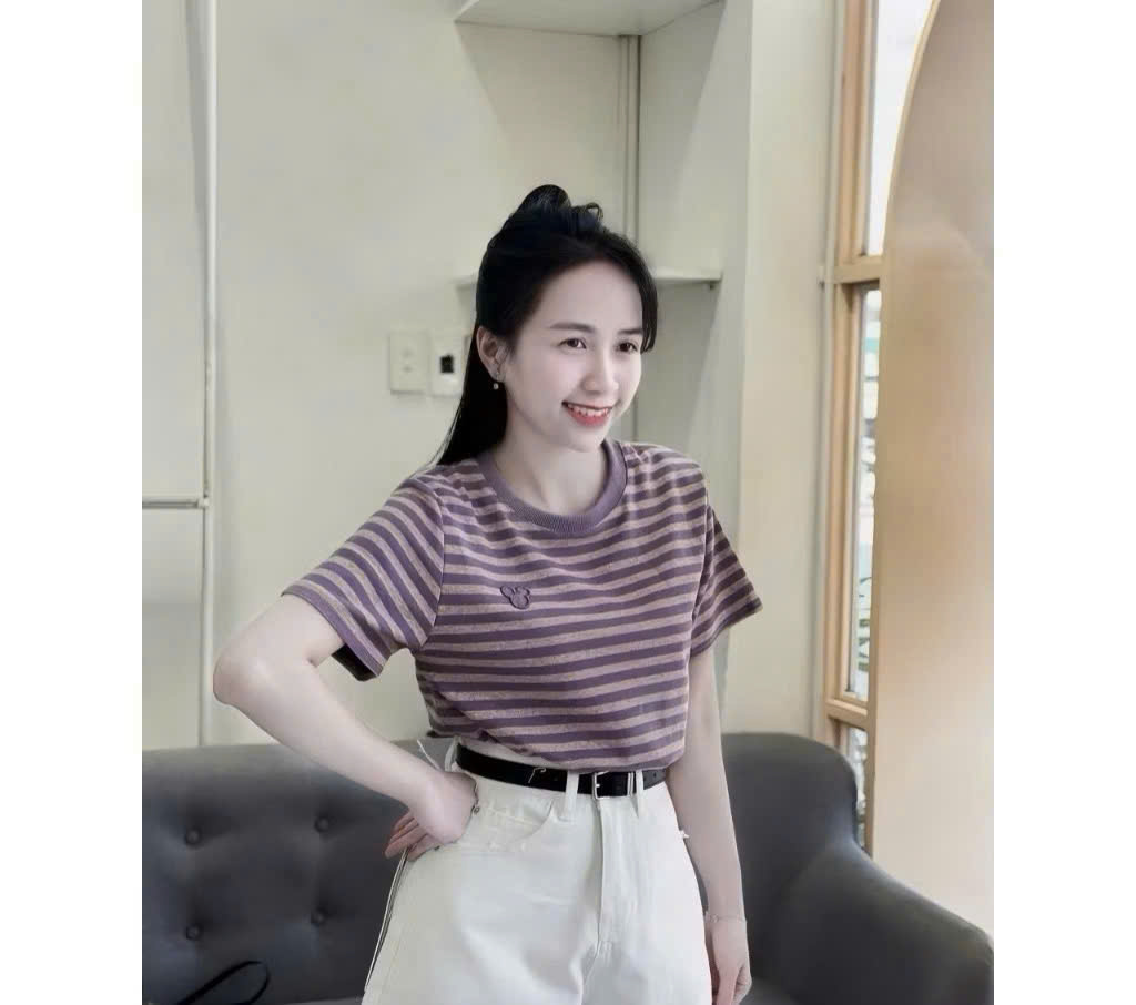 Xả S 40-48kg: Sét áo cotton kẻ tím quần kaki nữ BN1