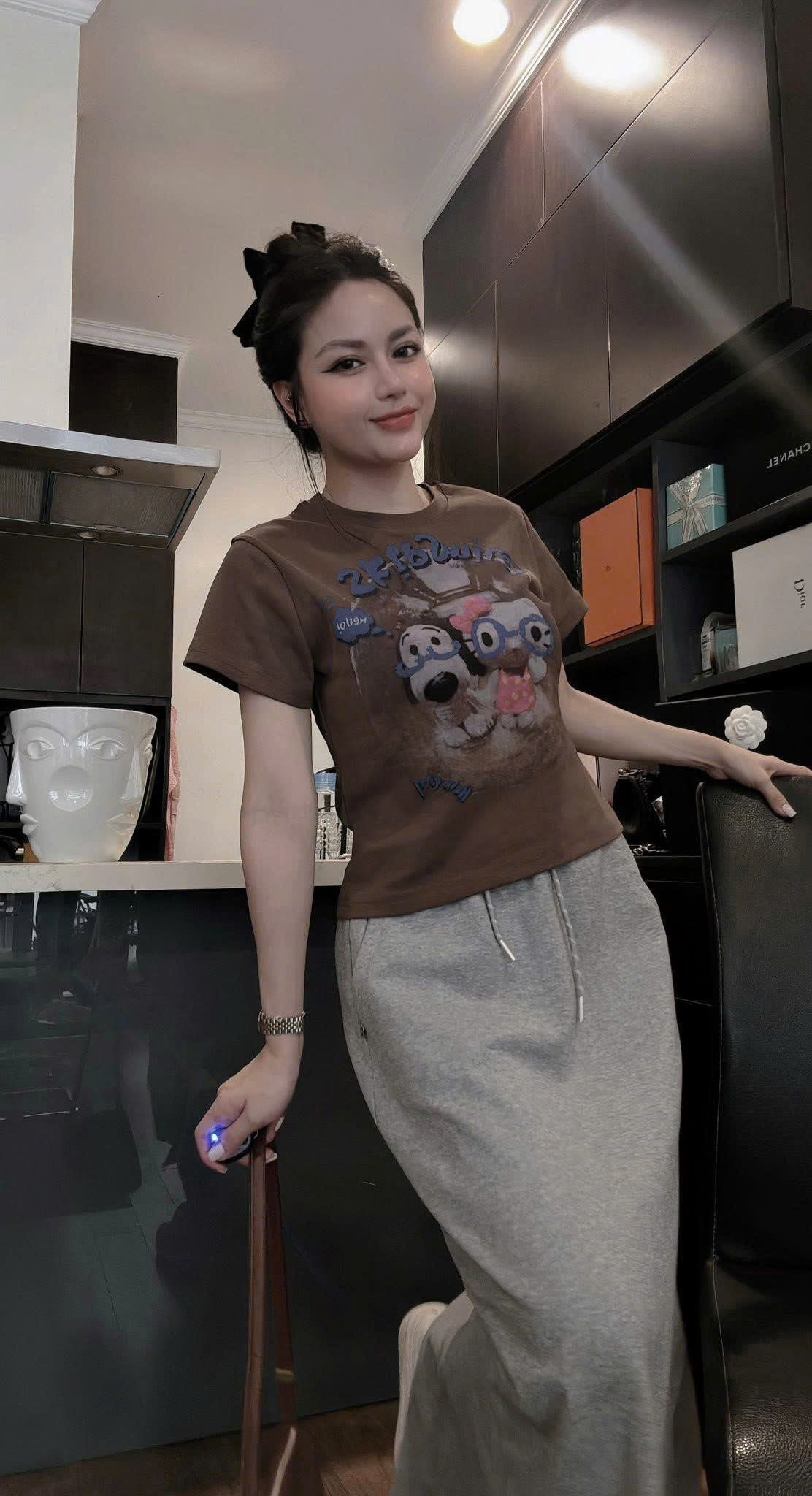 Sét áo cotton nâu chân váy xám nữ BN2