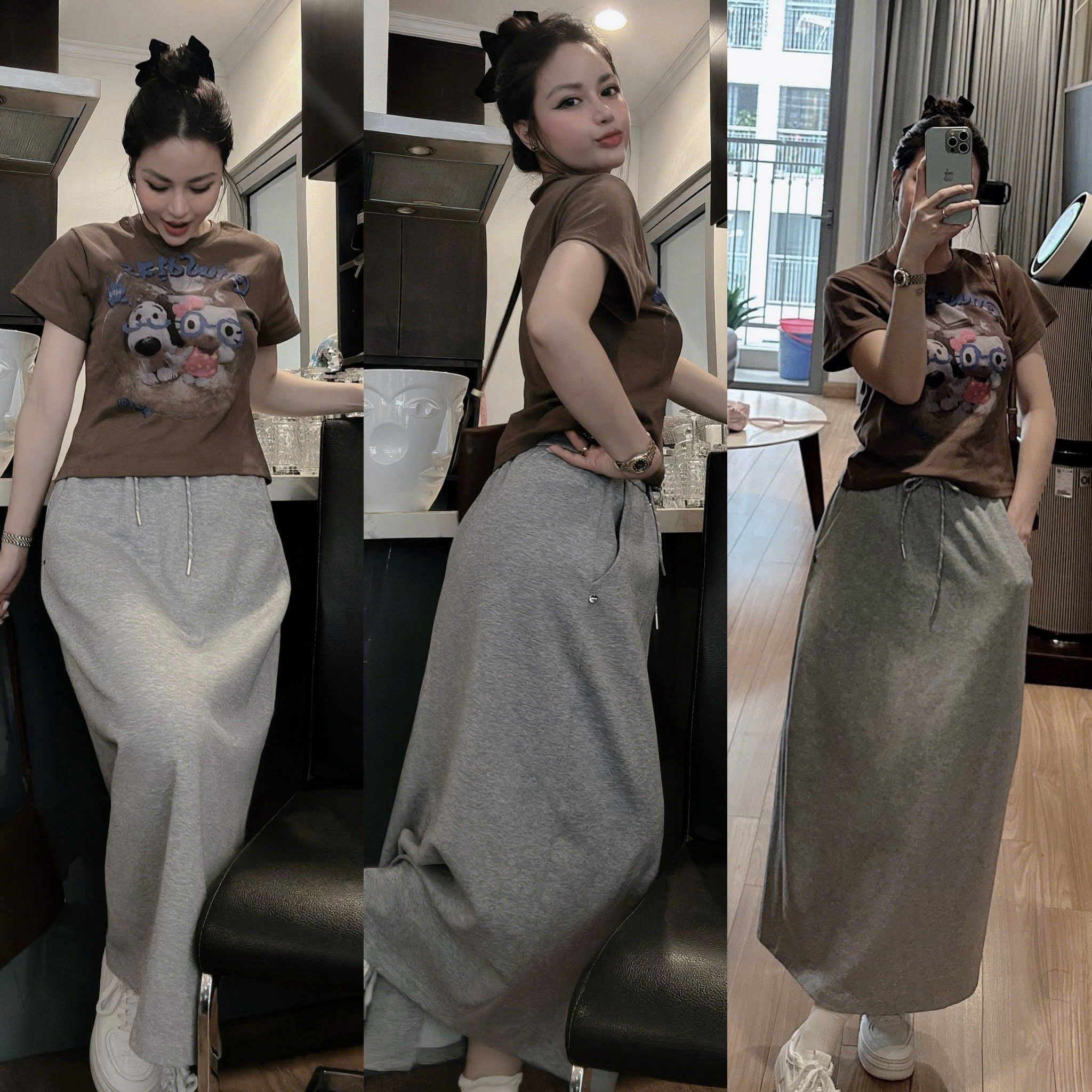 Sét áo cotton nâu chân váy xám nữ BN2
