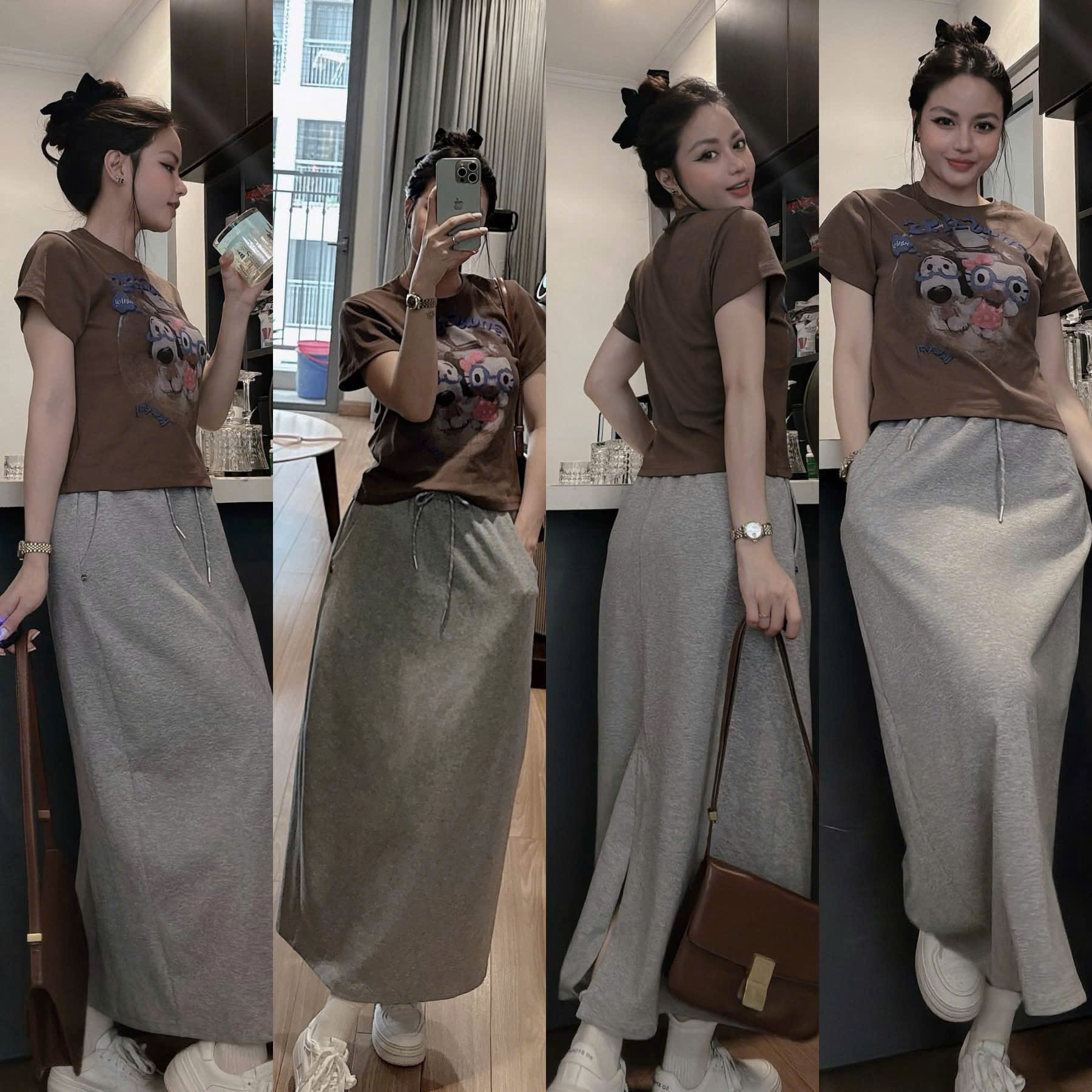 Sét áo cotton nâu chân váy xám nữ BN2