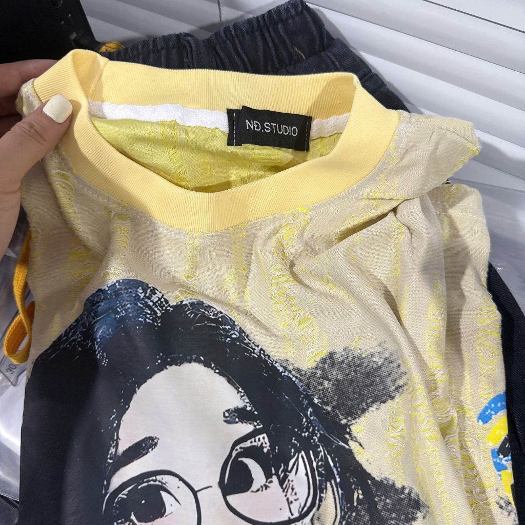 Sét áo cotton quần jean nữ cạp chun 2 màu xanh vàng BN3