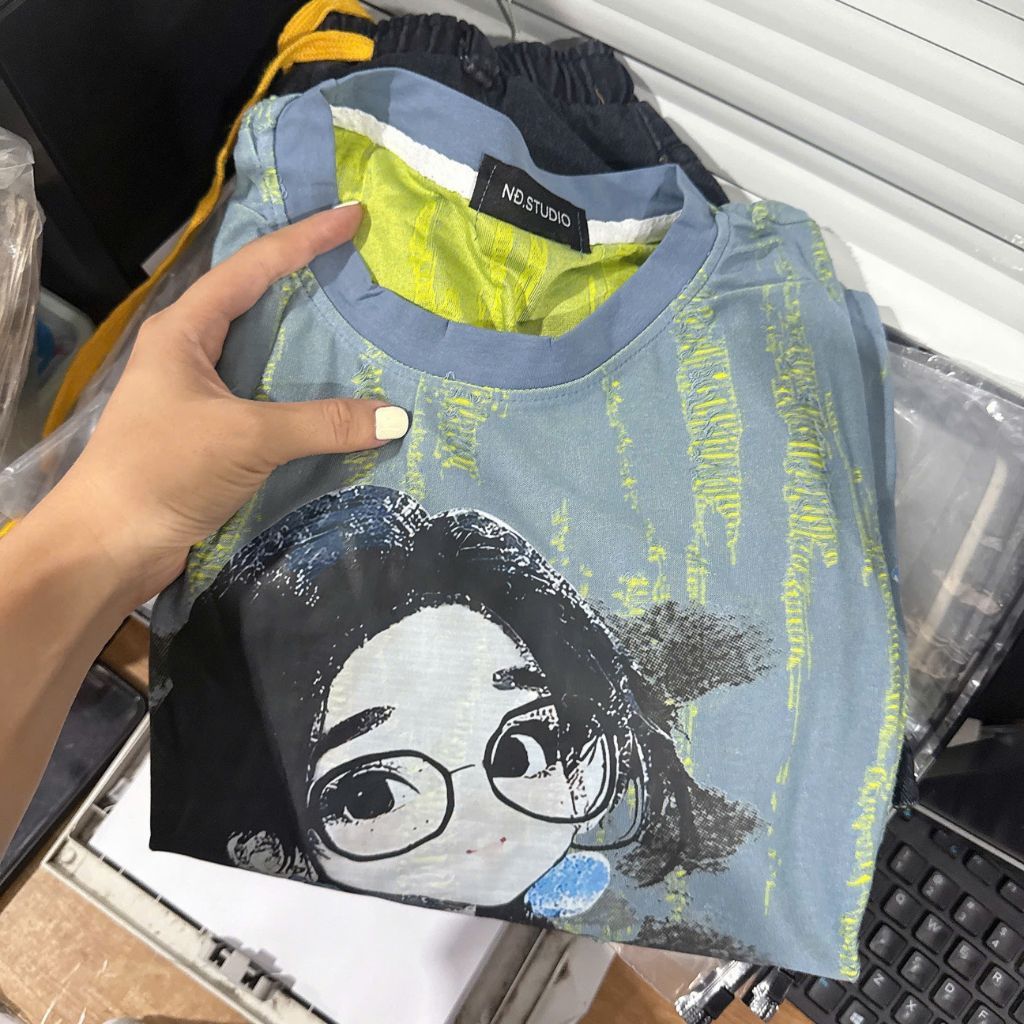 Sét áo cotton quần jean nữ cạp chun 2 màu xanh vàng BN3