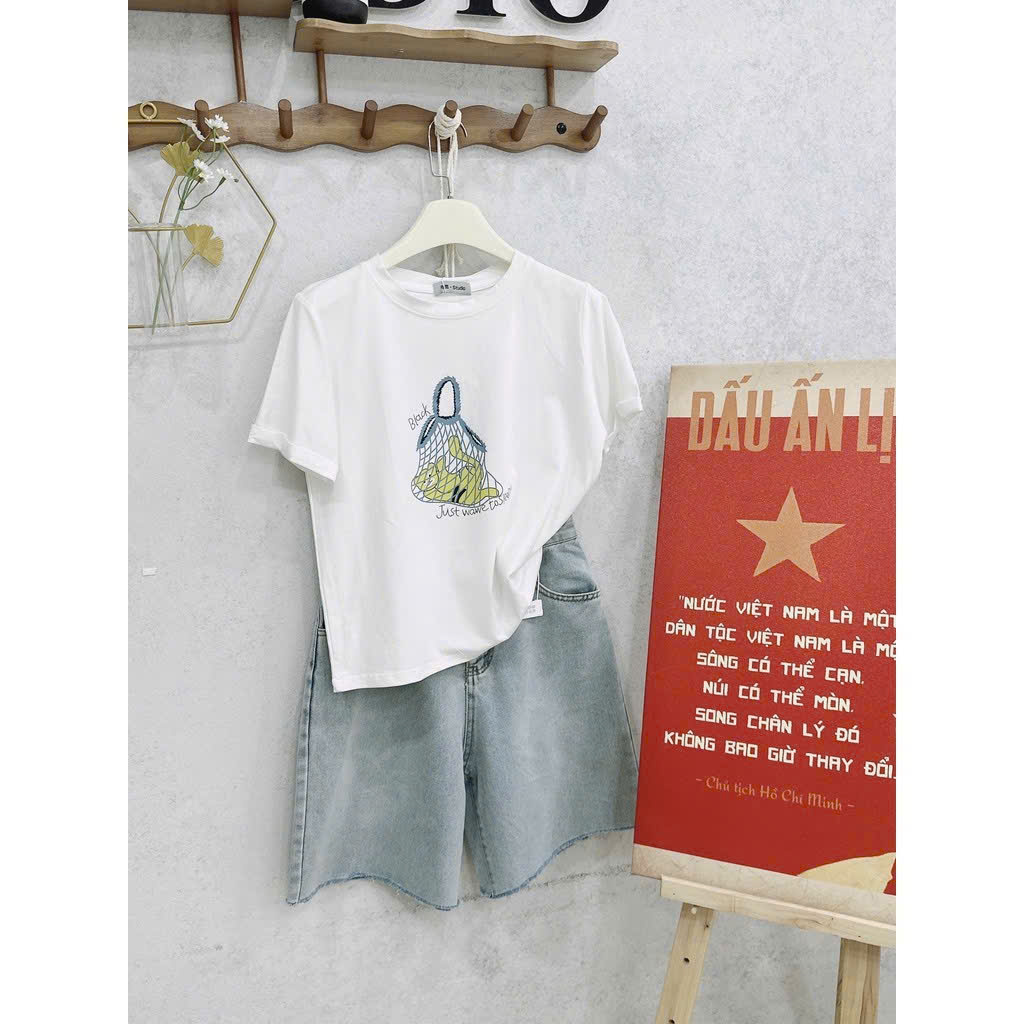 Sét áo cotton trắng quần jean ngố hè nữ BN3