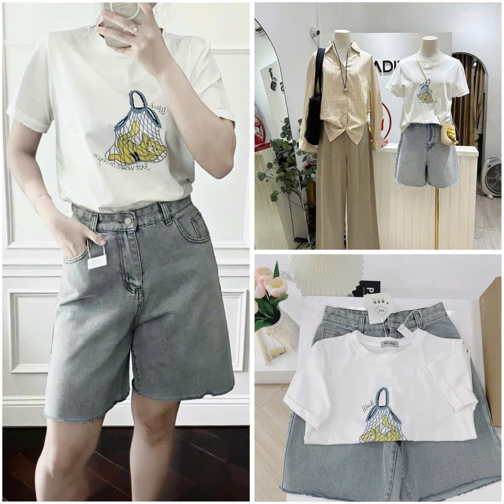 Sét áo cotton trắng quần jean ngố hè nữ BN3