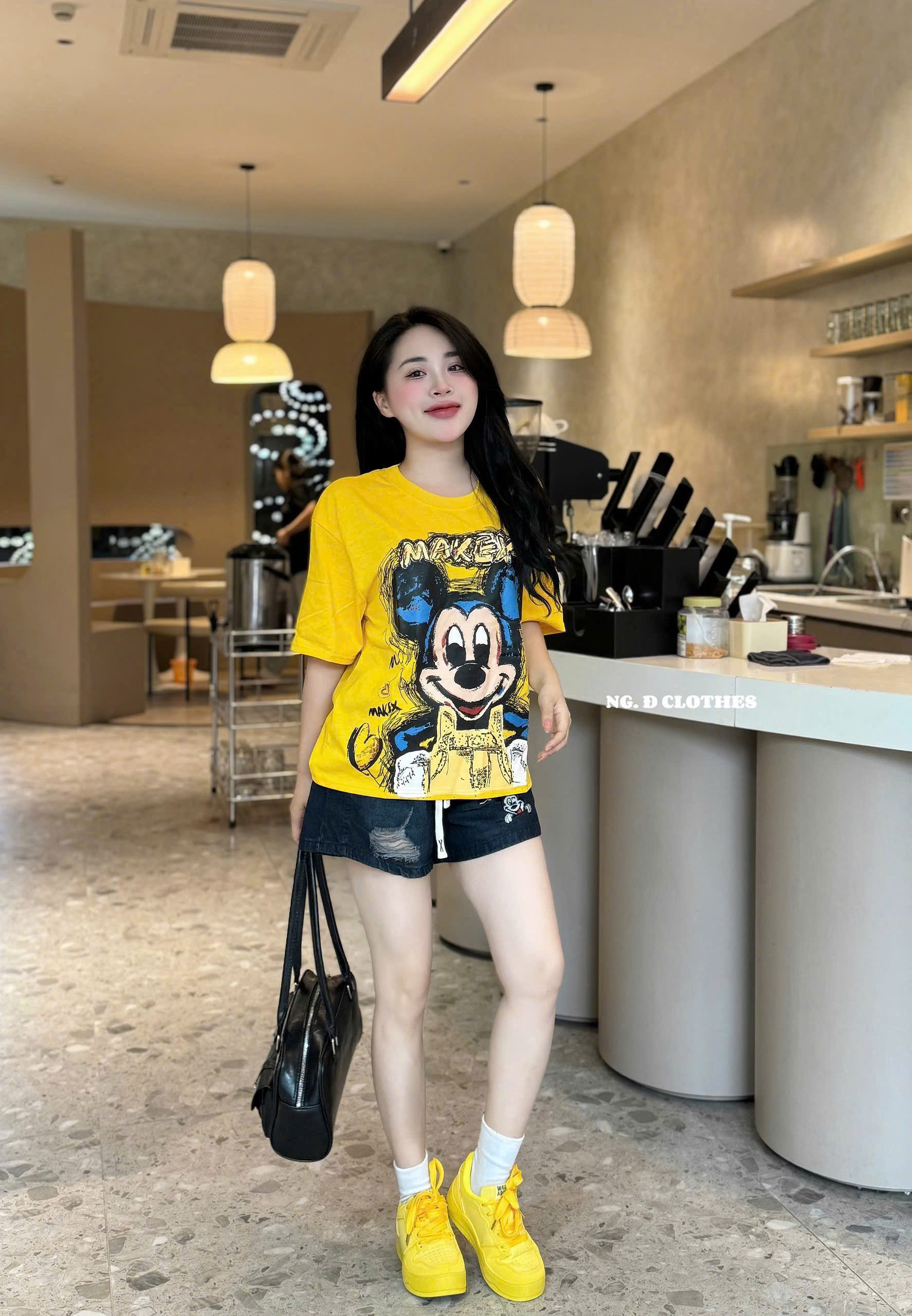 Sét áo cotton vàng in Mickeyy quần đùi jean cạp chun hè nữ B1