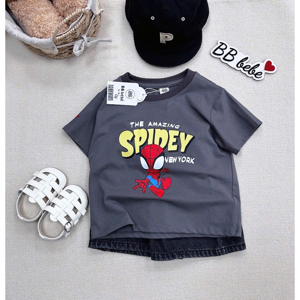 Sét áo cotton xám in siêu nhân quần jean bé trai BB bebé VNXK