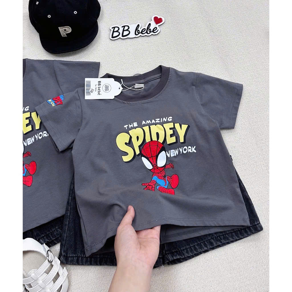 Sét áo cotton xám in siêu nhân quần jean bé trai BB bebé VNXK