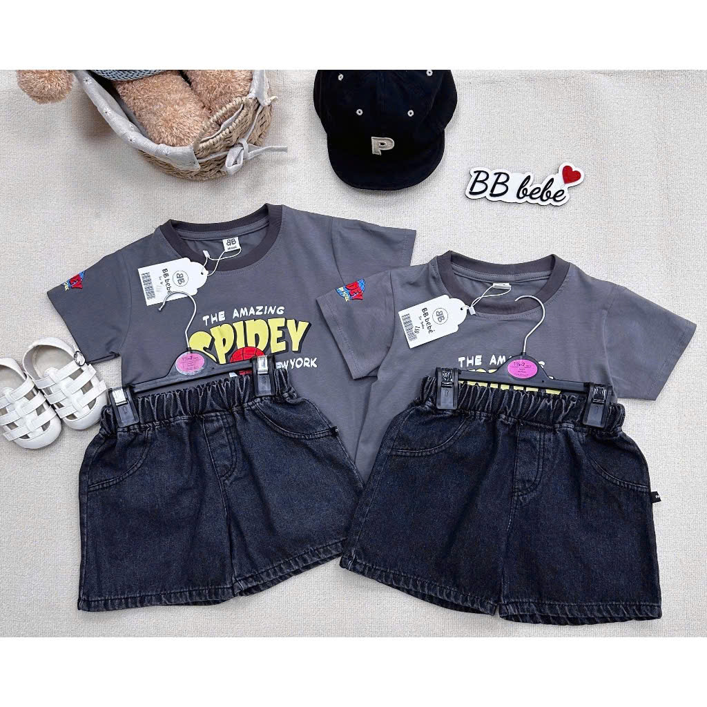 Sét áo cotton xám in siêu nhân quần jean bé trai BB bebé VNXK