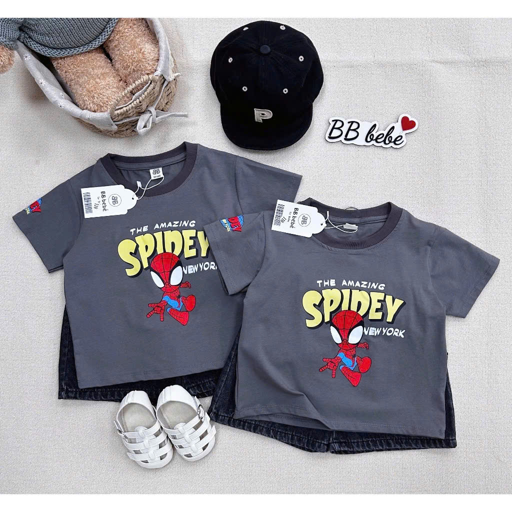 Sét áo cotton xám in siêu nhân quần jean bé trai BB bebé VNXK