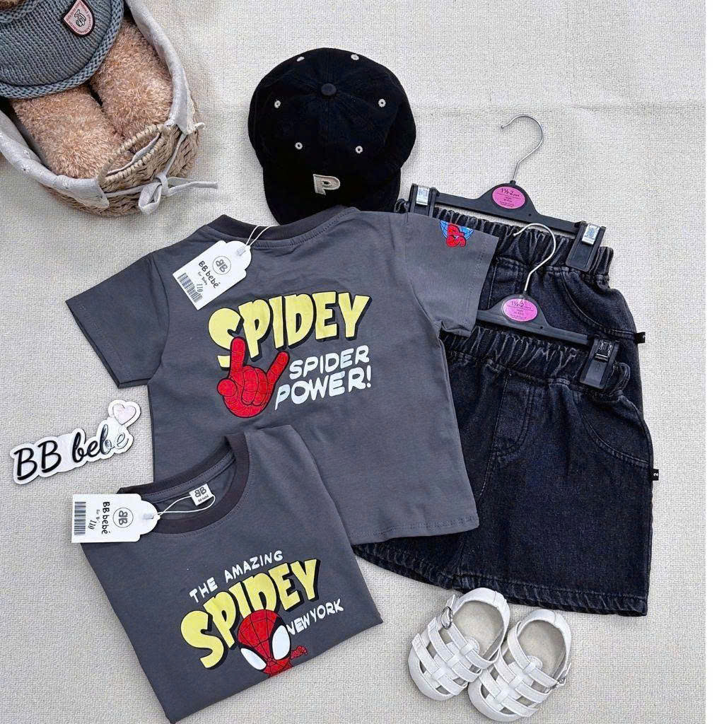 Sét áo cotton xám in siêu nhân quần jean bé trai BB bebé VNXK