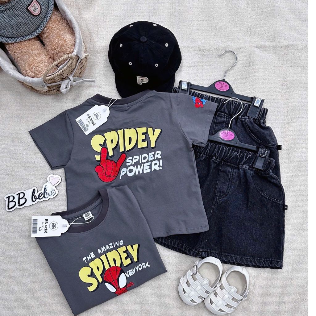 Sét áo cotton xám in siêu nhân quần jean bé trai BB bebé VNXK