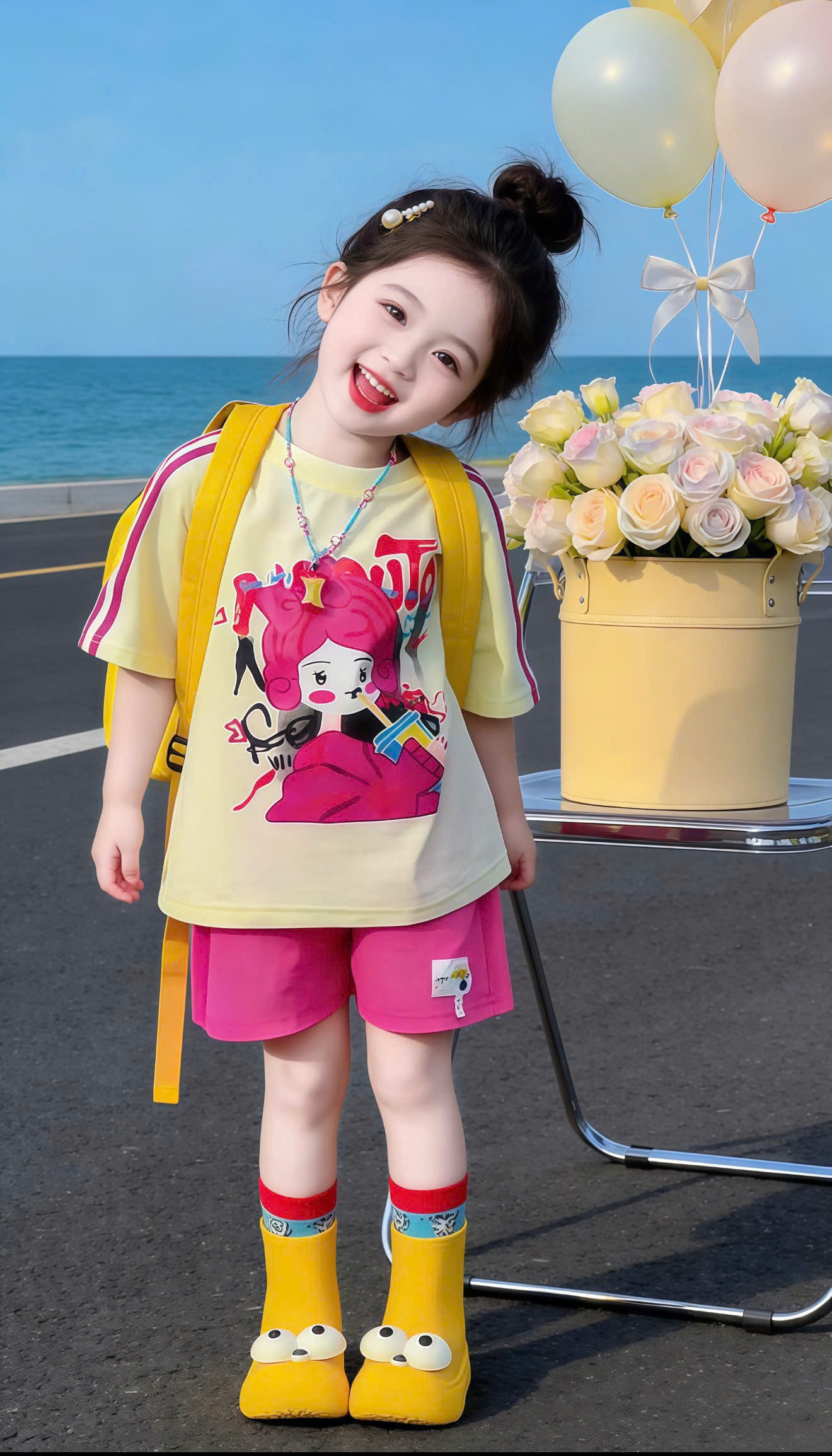 Sét áo in cô gái quần hồng bé gái