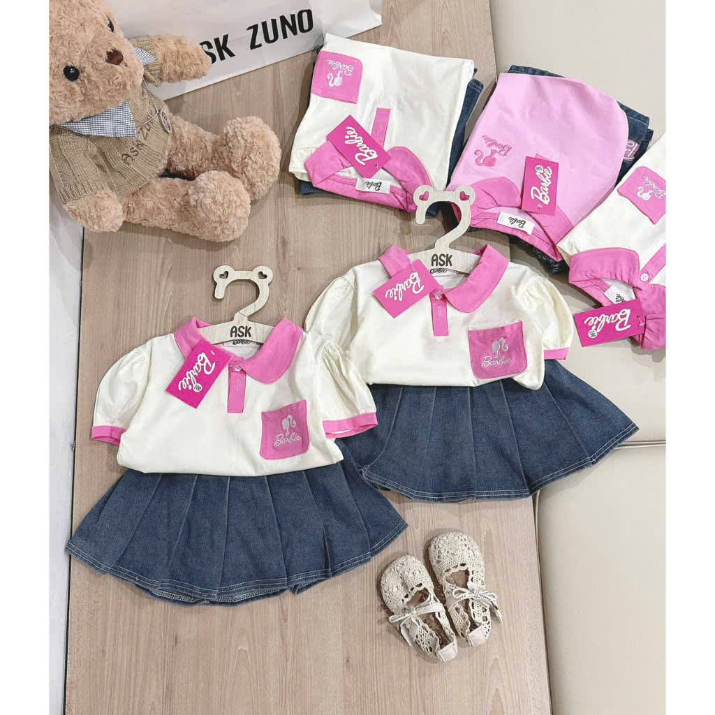 Xả S90 9-11kg: Sét áo polo kem cổ hồng chân váy jean xếp ly HG3