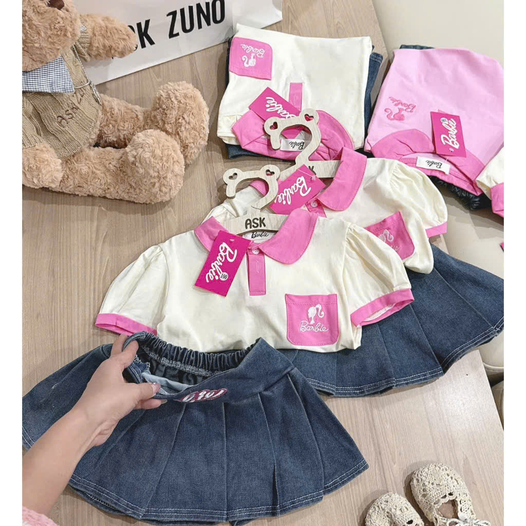 Xả S90 9-11kg: Sét áo polo kem cổ hồng chân váy jean xếp ly HG3