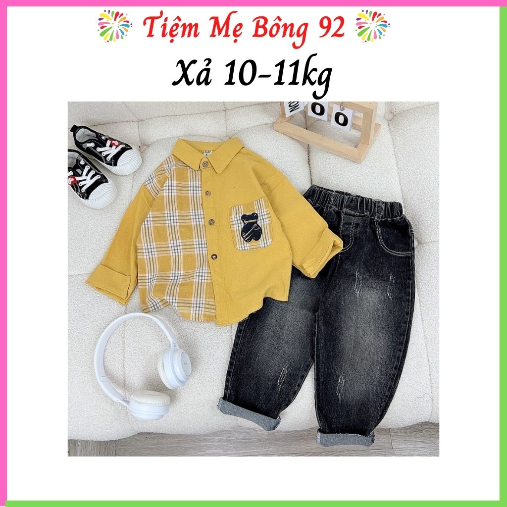 Sét áo sơ mi kẻ vàng quần bò bé trai TT1 10-11kg #79k