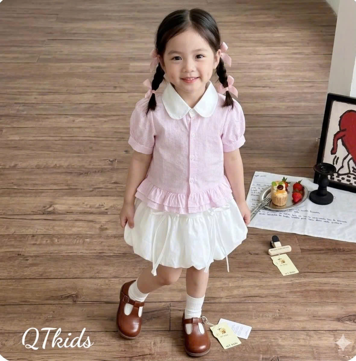 Sét áo sơ mi sọc thân bèo chân váy bồng bé gái
