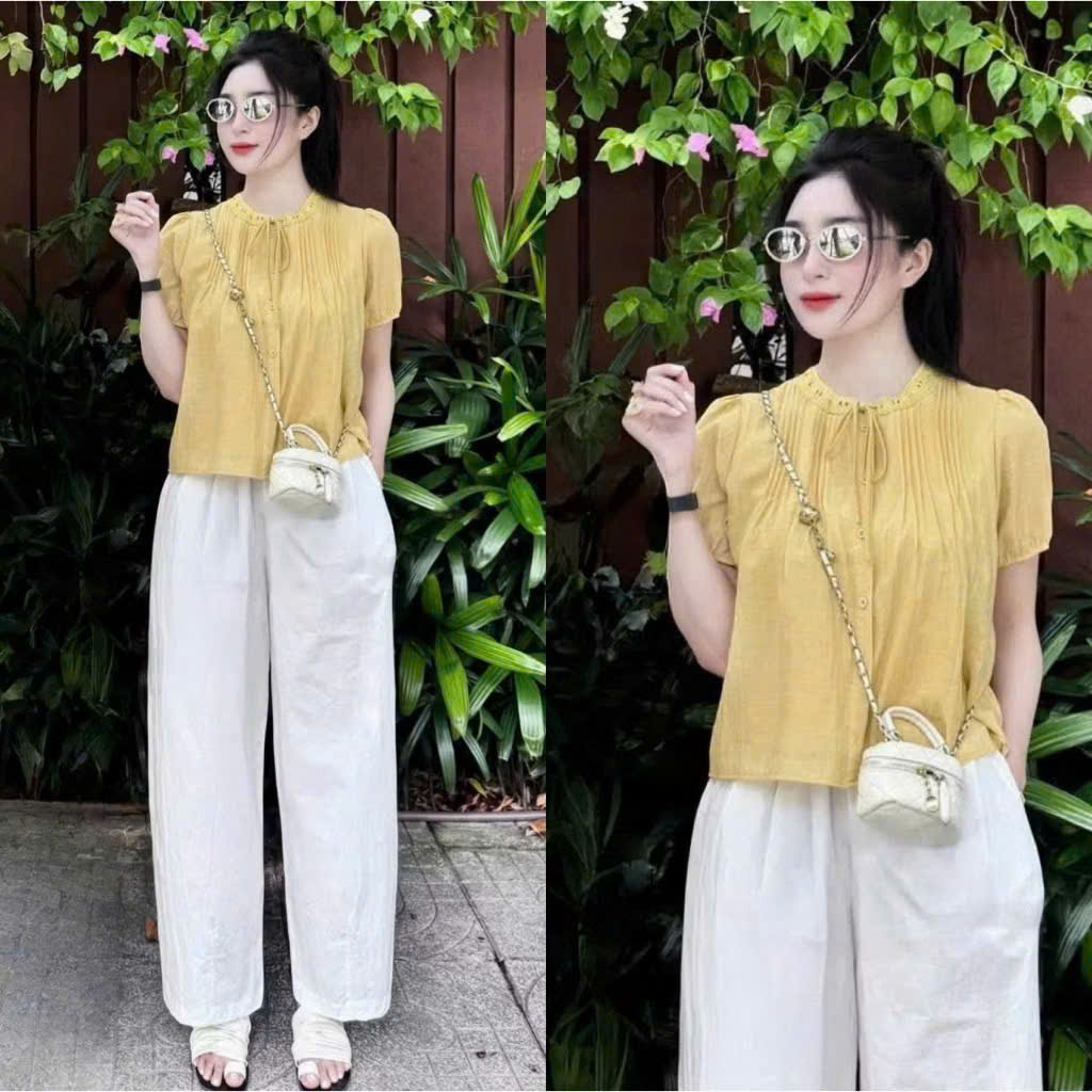 Sét áo tơ đũi VÀNG quần trắng nữ BN1