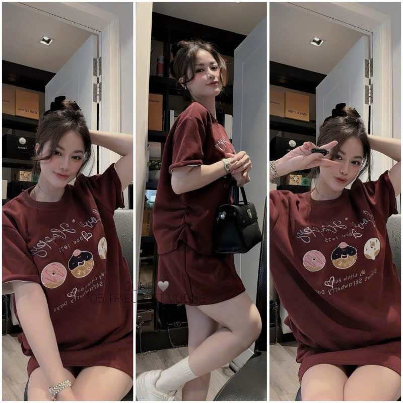 Sét bộ áo in bánh mix chân váy umi đỏ đô nữ BN2