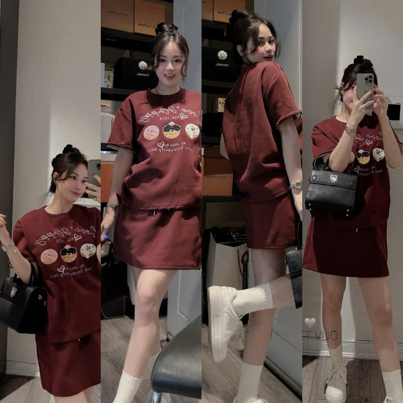 Sét bộ áo in bánh mix chân váy umi đỏ đô nữ BN2