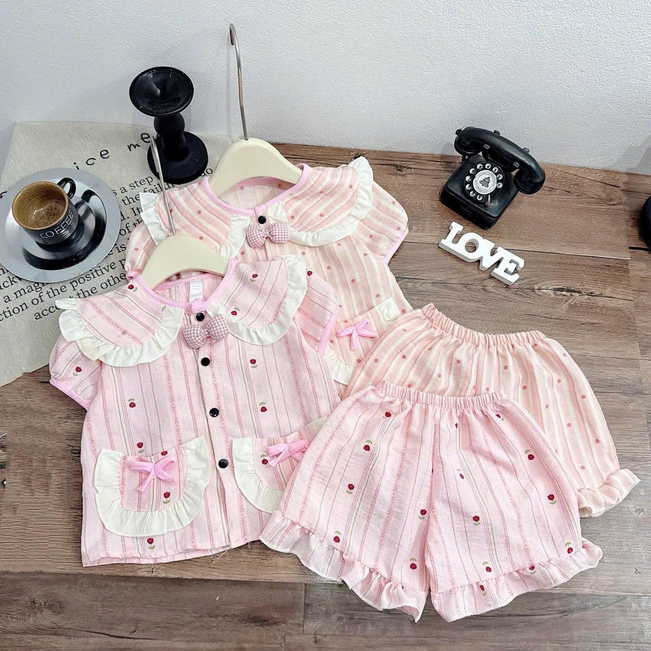 Sét bộ pzm cổ nơ hồng bé gái