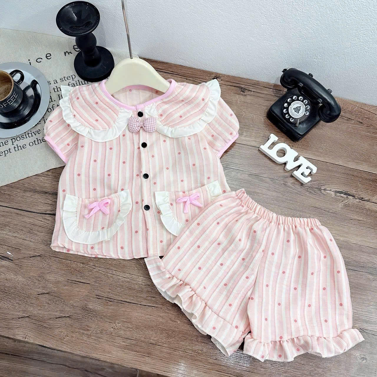 Sét bộ pzm cổ nơ hồng bé gái