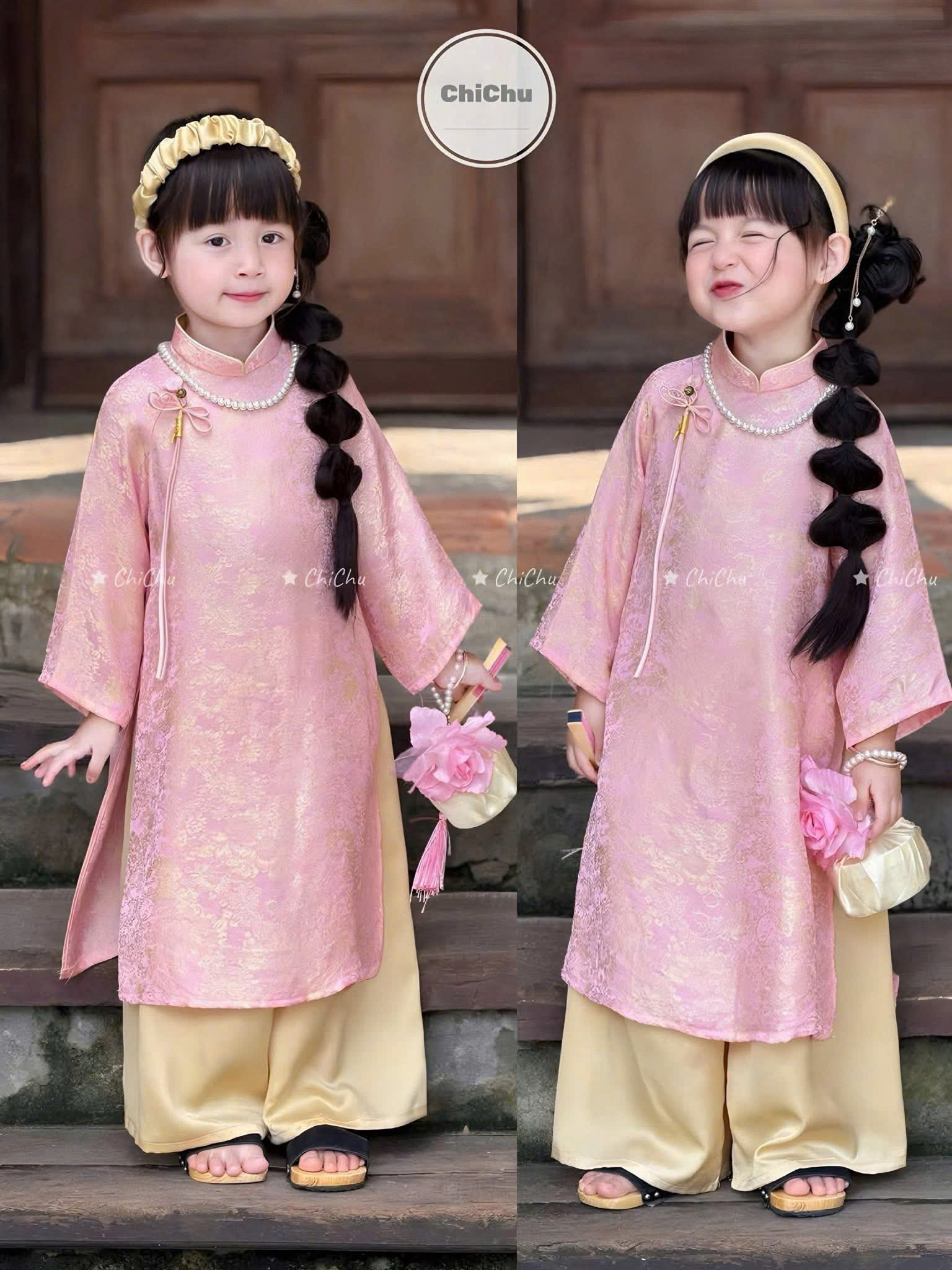 Sét áo dài cách tân hoa hồng quần vàng kèm bờm bé gái VNXK